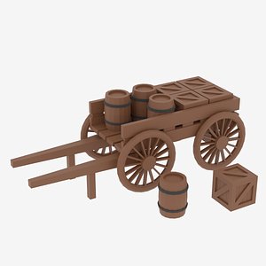 Lowpoly Wooden Cart with Barrel and Crate 3D model
