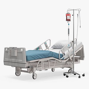 Hospital Bed with IV Blood Bag Dropper Stand 3D model