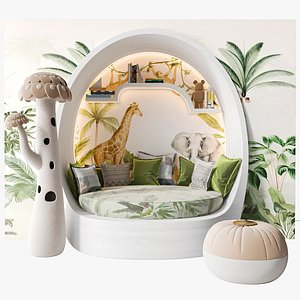 3D Soft corner for children room with toys bed and pouf model