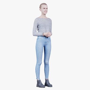 3D Jeans Woman in Fluffy White Top Folding Hands Remastered model