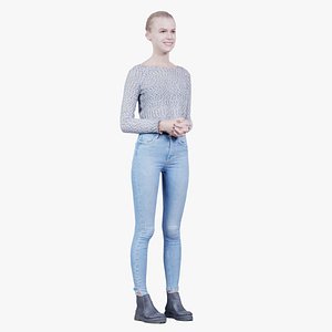 Jeans Woman in Fluffy White Top Folding Hands Remastered