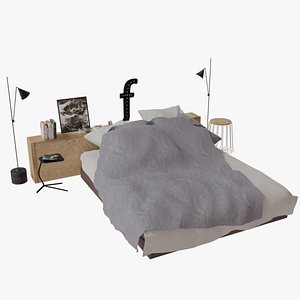 Full Bed Set Table stool 10 Low poly model combined baked