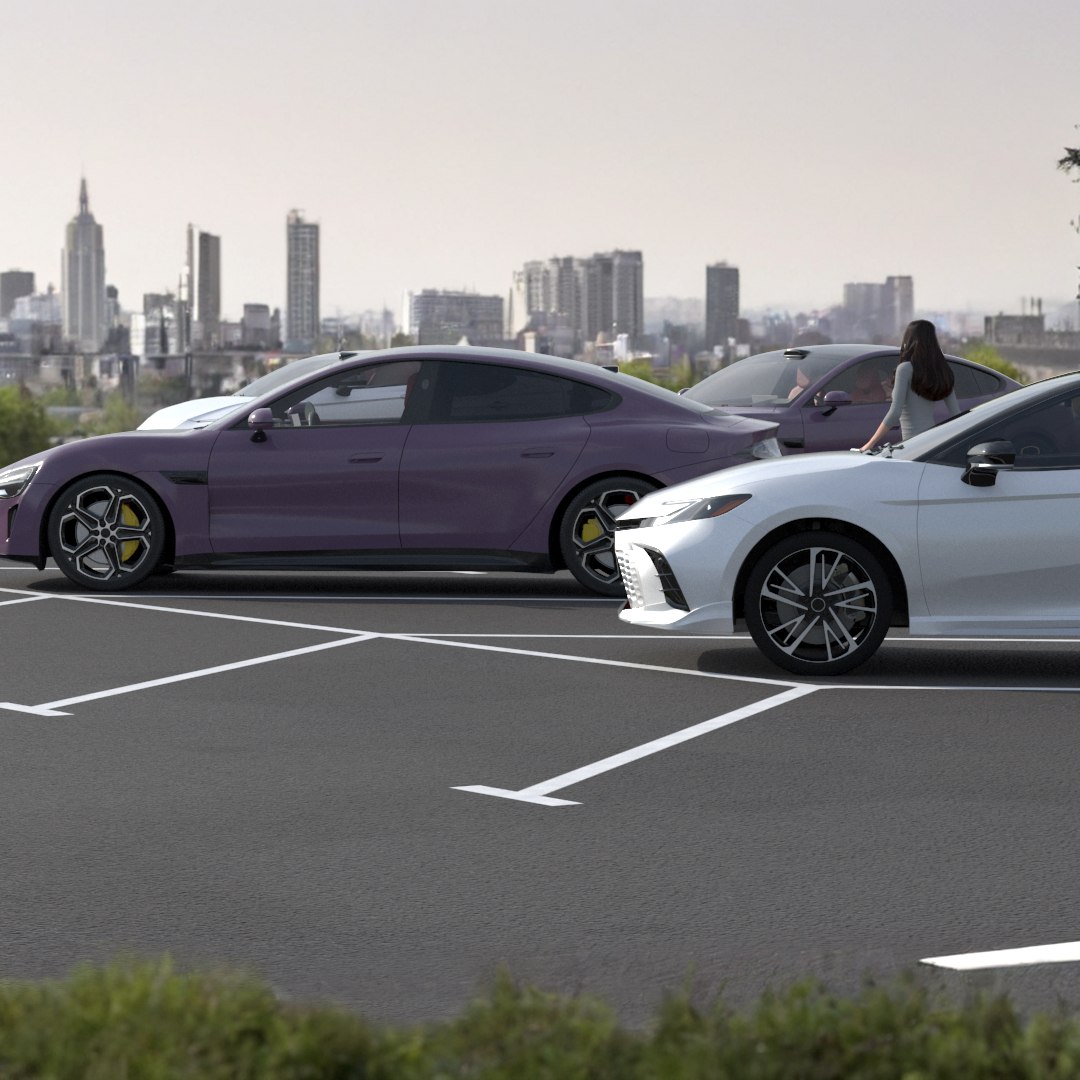 Urban Car Parking Area with People