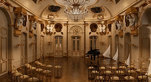 3D Luxury Baroque Palace Ballroom with Grand Piano and Seating model
