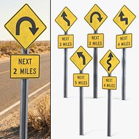 Curved Road Warning Signs Set with Distance Plates