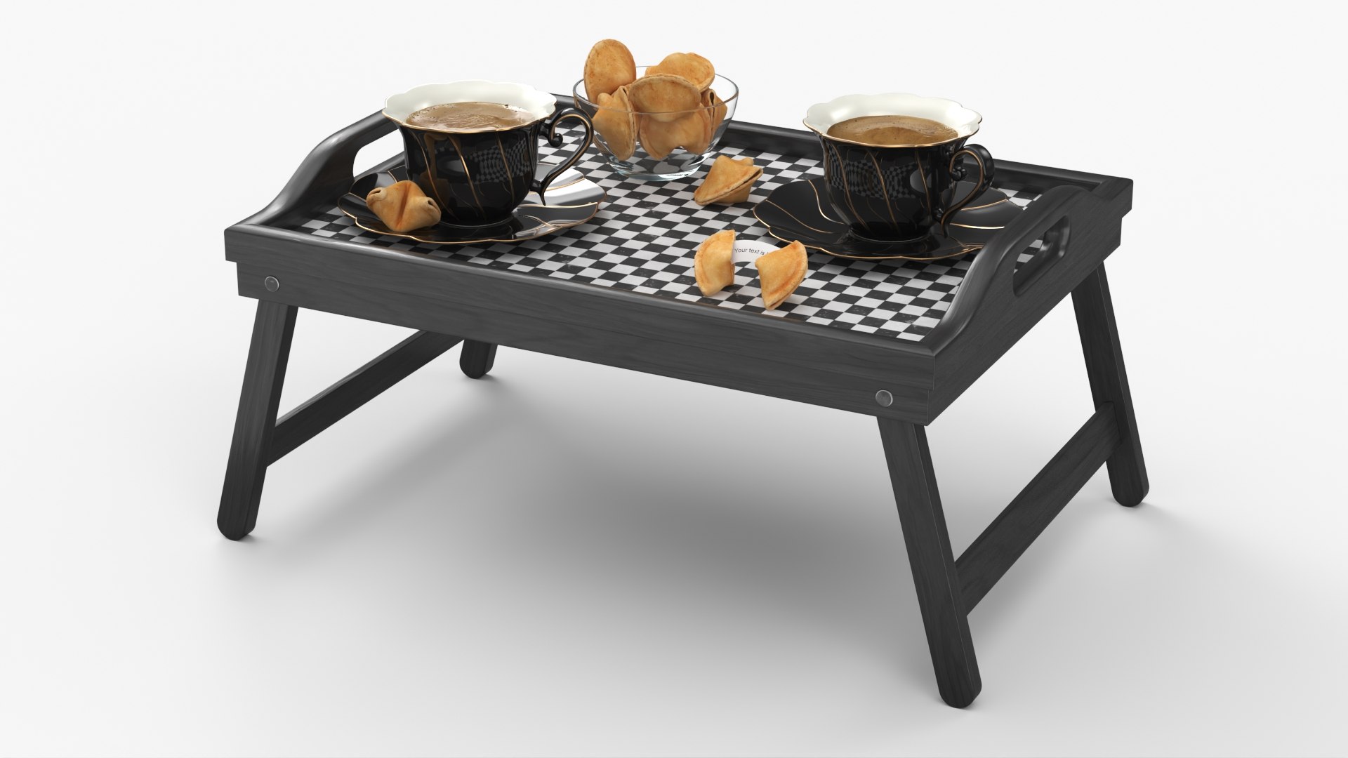 Folding Table Tray with Coffee in Porcelain Cups and Fortune Cookies 3D model preview