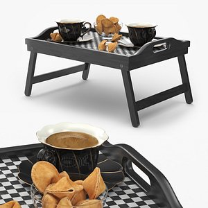 Folding Table Tray with Coffee in Porcelain Cups and Fortune Cookies model