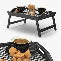 Folding Table Tray with Coffee in Porcelain Cups and Fortune Cookies