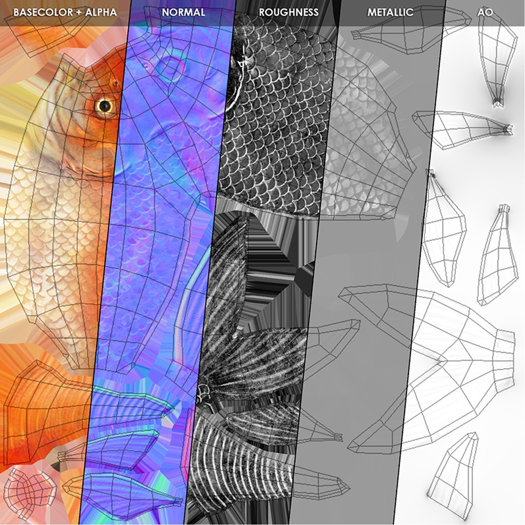 3D model goldfish pbr ready context https://p.turbosquid.com/ts-thumb/tr/v7Da3V/Wt/goldfish_textures_breakdown/png/1651302840/1920x1080/fit_q87/f987afc7b153453c466cbce023b7b12ddb88dea1/goldfish_textures_breakdown.jpg