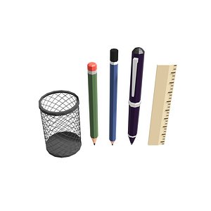 low poly pen pencil ruler 3D