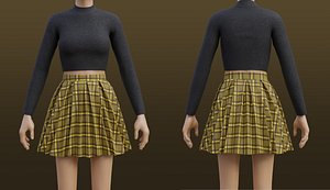 3D Plaid Pleated Mini skirt and turtleneck sweater outfit model
