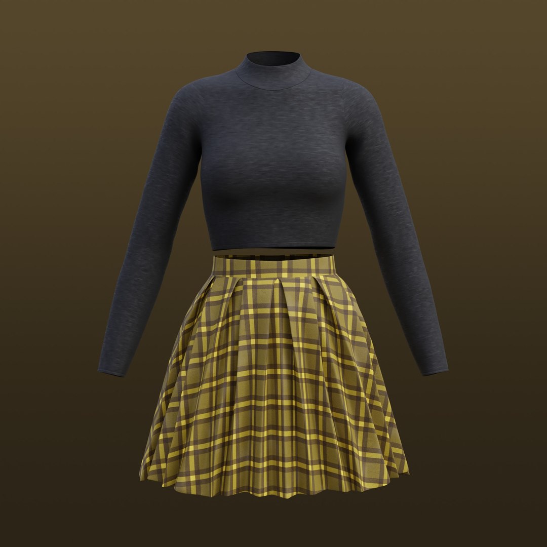 3D Plaid Pleated Mini skirt and turtleneck sweater outfit model ...