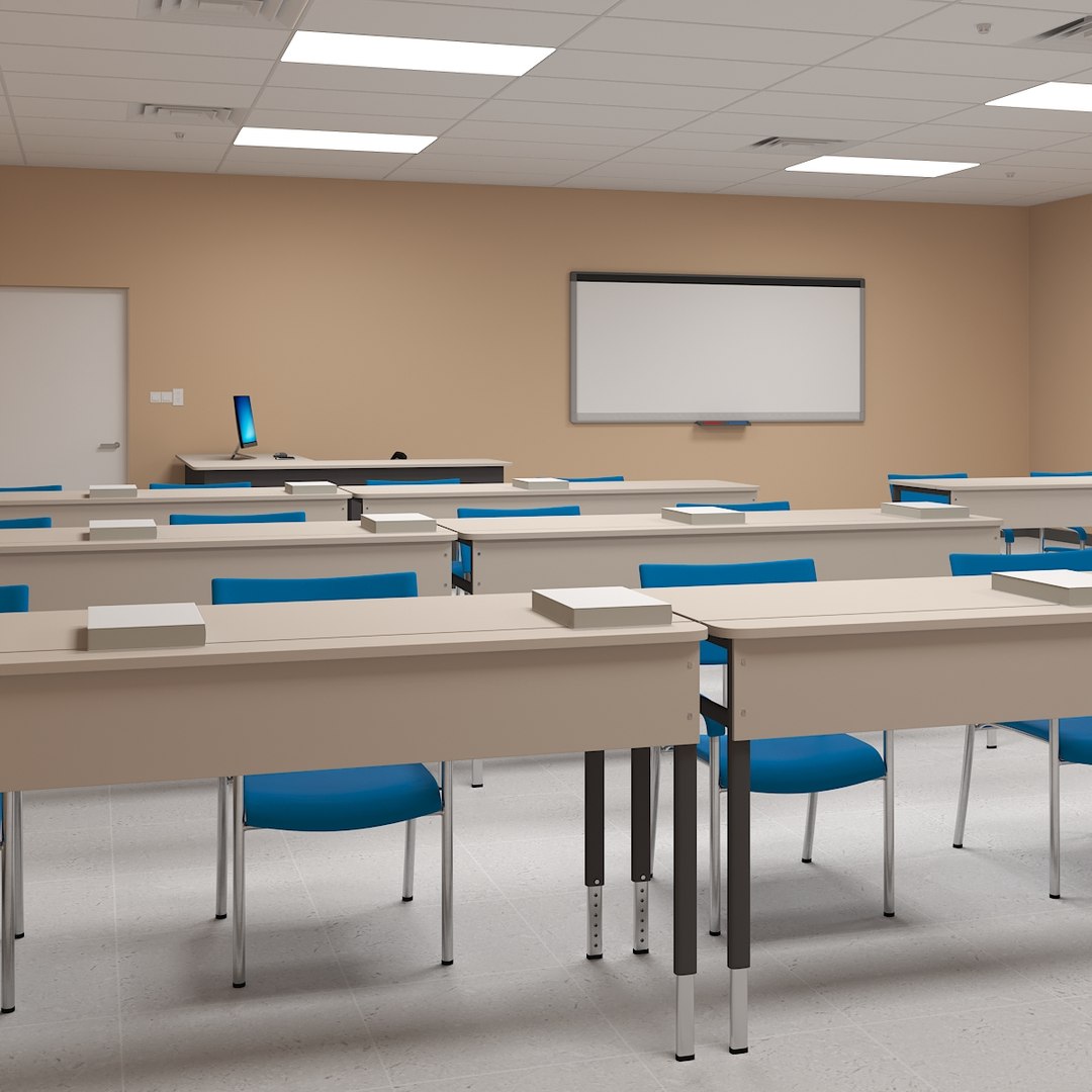 Modern Classroom Interior with Projector and Desktop Monoblock 3D model preview