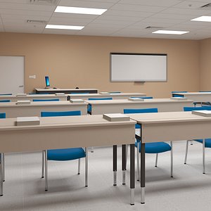 3D model Modern Classroom Interior with Projector and Desktop Monoblock