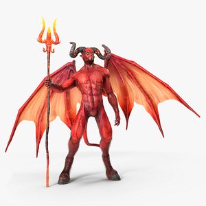 Devil Character with Trident Standing Pose Fur 3D model