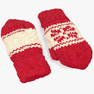 knitted red wool mittens 3D model