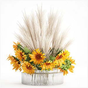 3D model Beautiful bouquet yellow flowers sunflowers reed glass vase