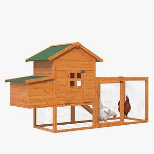Wooden Small Chicken Coop with Chickens 3D