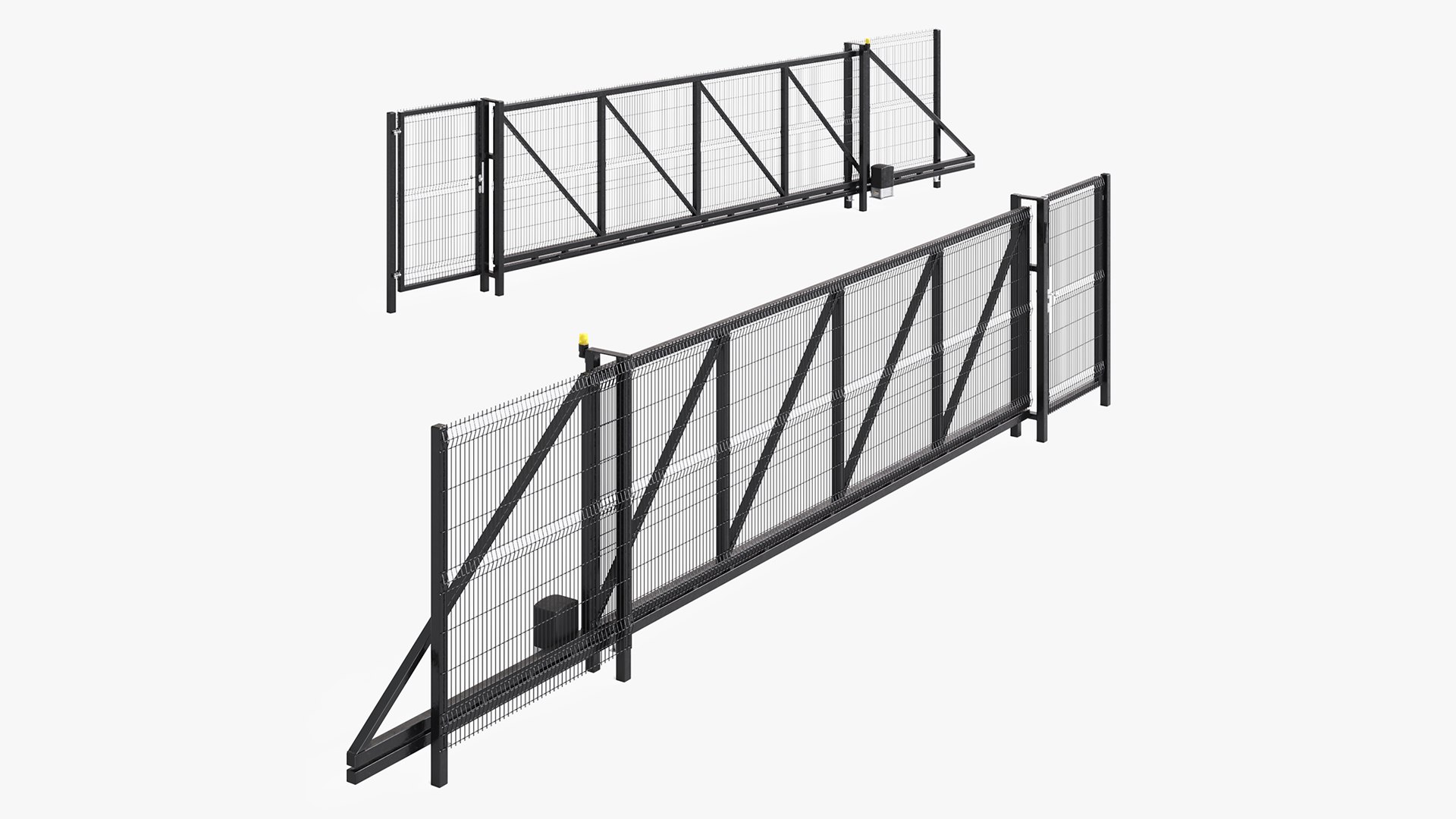 Security Rolling Gates with Fence Open 3D model for industrial visualization, technical presentation, simulation, product rendering, and animation