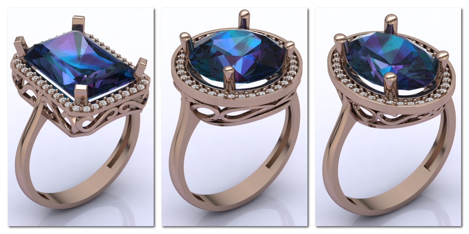 3D 3 Models Radiant Oval Round Big Stone STL 3DM Women Rings 3D Model ...