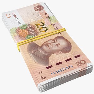 3D Stack of Chinese 20 Yuan 2019 Bills with Rubber Band