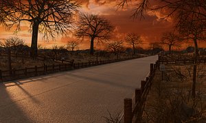 3D road sunset sun