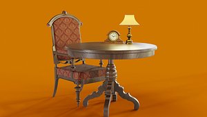 3D antique table and chair clock and lamp