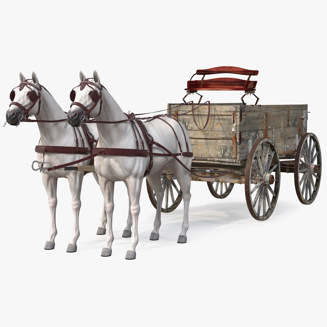 Pair Of White Horses with Wagon 3D model preview