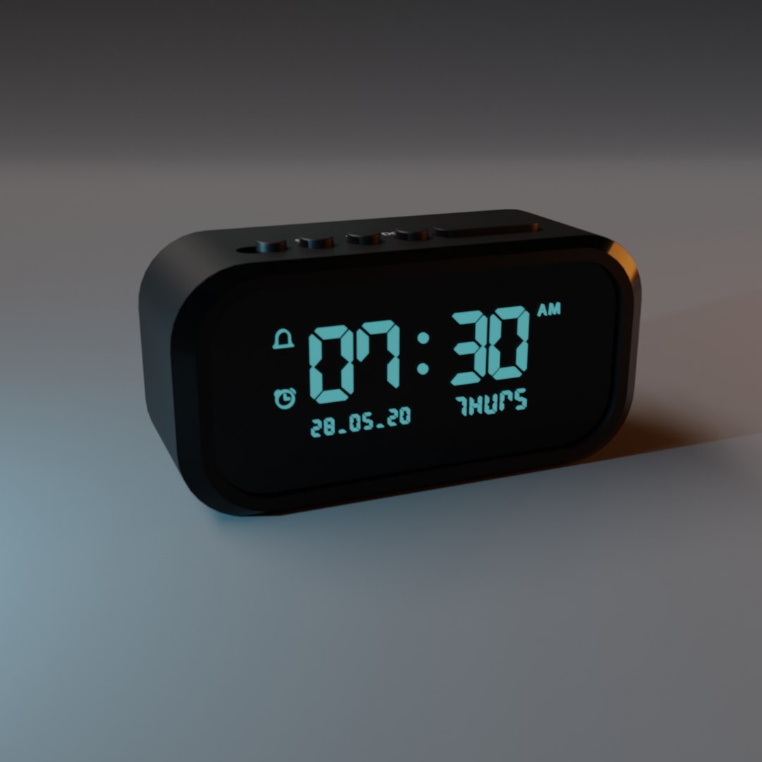 3D digital clock https://p.turbosquid.com/ts-thumb/u6/llR9Pd/zYTa6Kzd/alarm.002/png/1588939469/1920x1080/fit_q87/395e6569c412fe36459afd7c7102d8ee940d865b/alarm.002.jpg