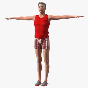 Asian Old Aged Man Underwear T-Pose