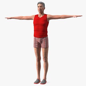 Asian Old Aged Man Underwear T-Pose