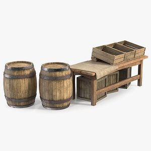 3D Historical Market Stand with Barrels and Crates