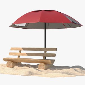 Beach Umbrella with Wooden Bench on Sand Red
