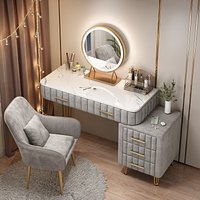 Modern Gray Upholstered Vanity with Round Mirror and Chair