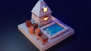 Hut with pond in winter