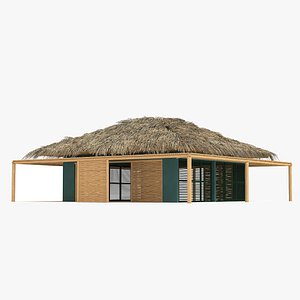 3D Tropical wooden thatched roof bungalow