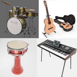 Acoustic Guitar with Case and Stand - Doumbek - Drum Set Instrument Pack 3D model
