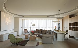 3D Modern living room dining room kitchen