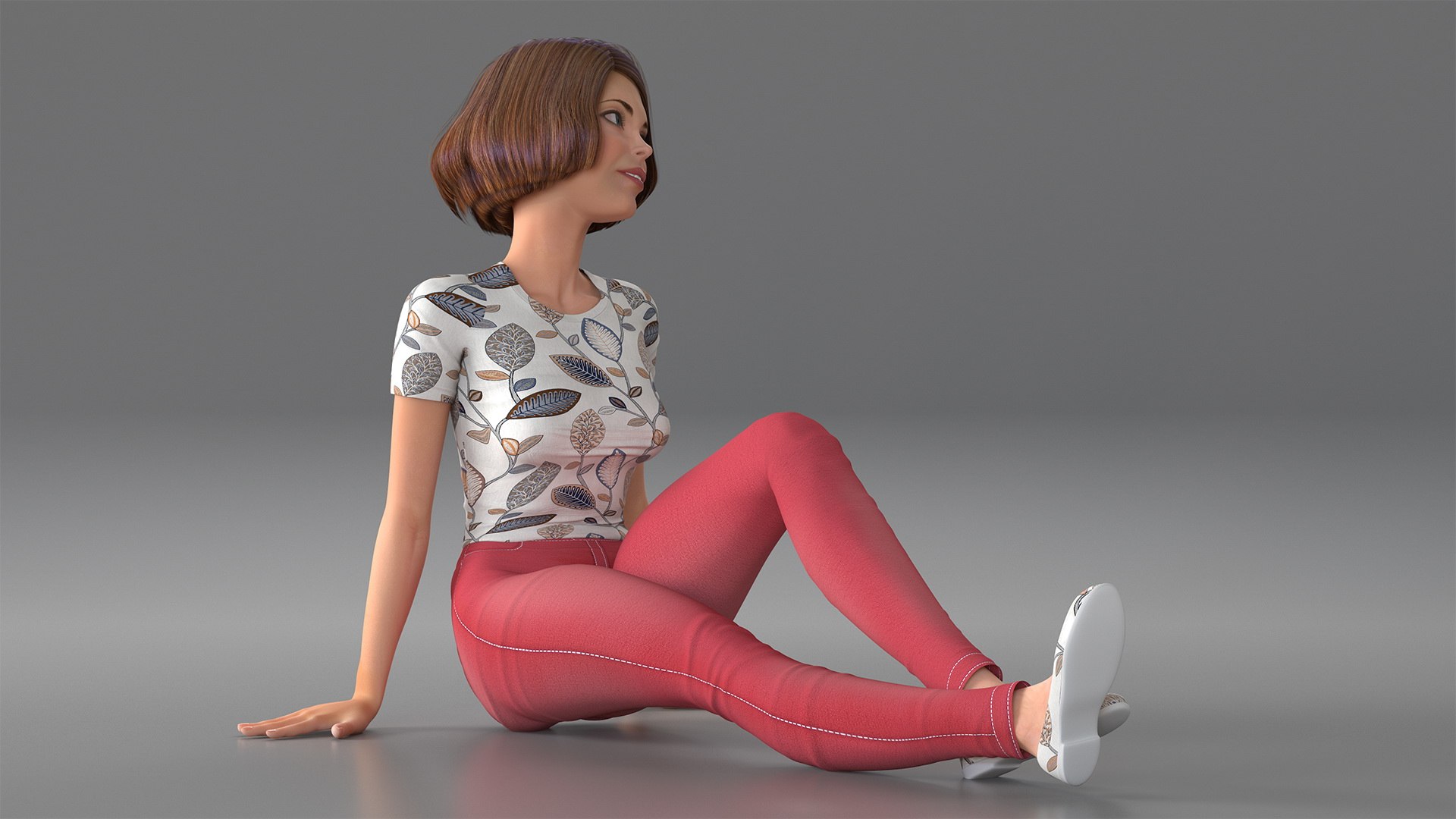 Cartoon Young Woman Casual Clothes Sitting Pose 3D model preview