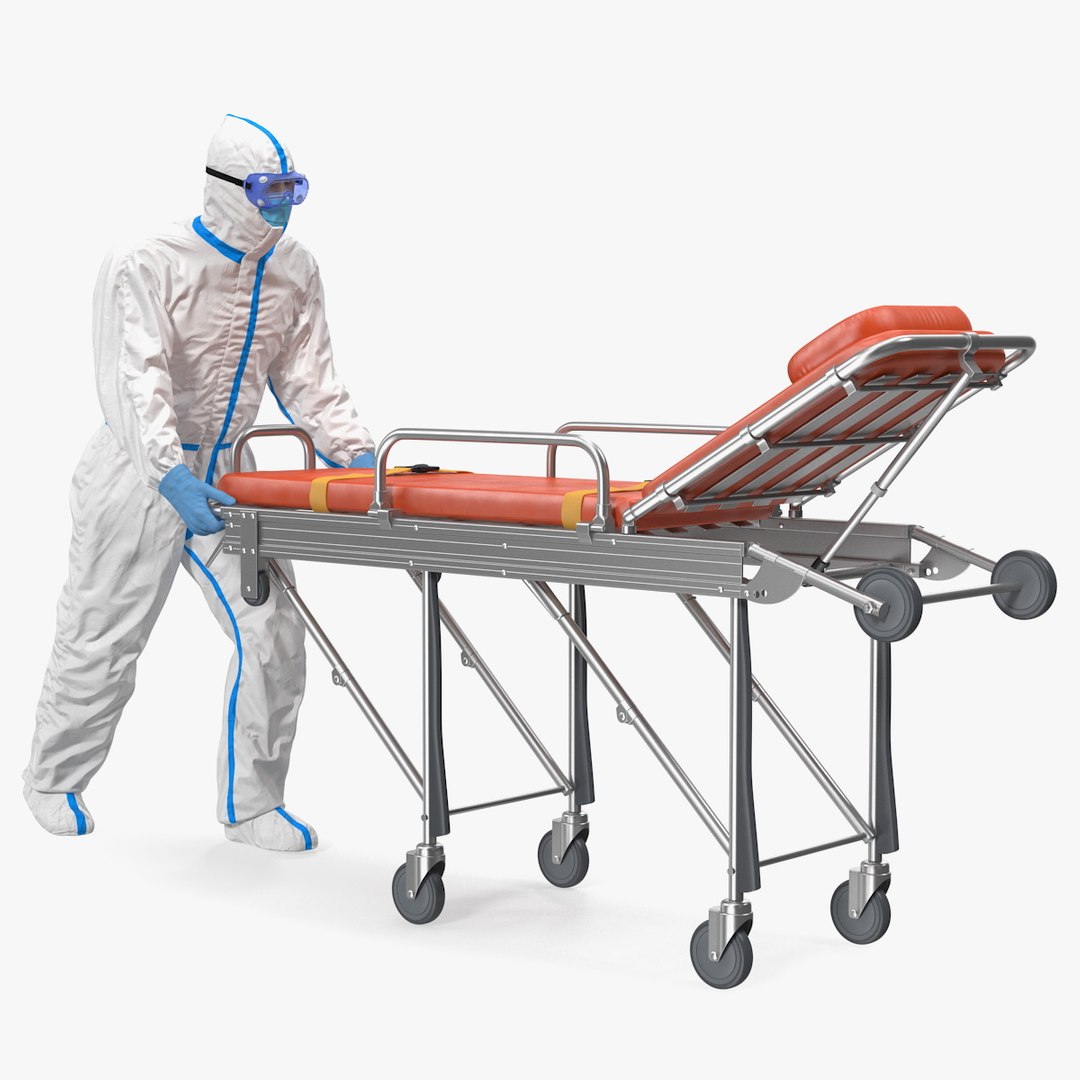 Protective Suit with Stainless Steel Ambulance Hospital Bed Gurney 3D model preview