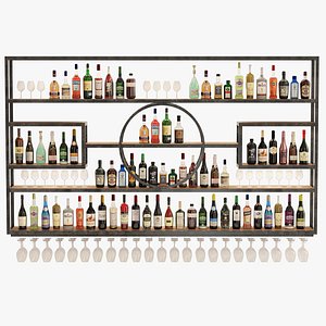 Large rack with alcohol in the bar 3D
