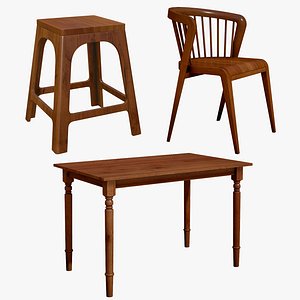 Wooden Stool Chair With Dining Table 3D