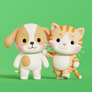 Dog and Orange Cat Cartoon Rigged Animated Characters Pack Low-poly 3D model