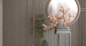 Modern Zen Wood Screen  Console Table with Bonsai Decor 3D model