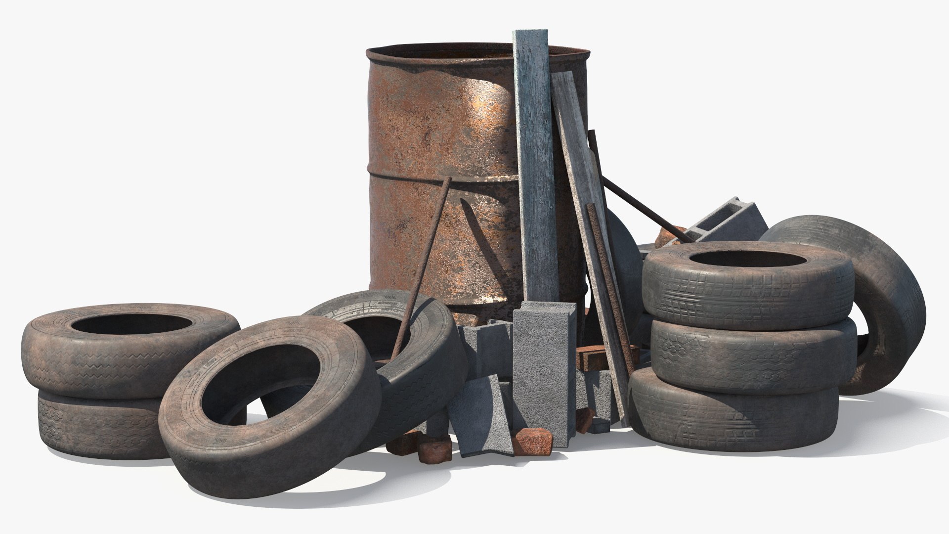 Rusty Barrel With Tires And Rubble 3D model preview