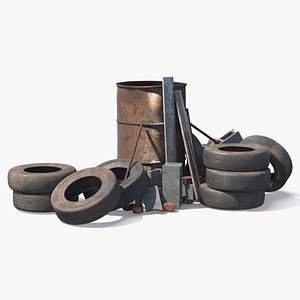 3D Rusty Barrel With Tires And Rubble