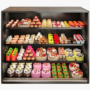 Showcase with desserts cakes and pastries