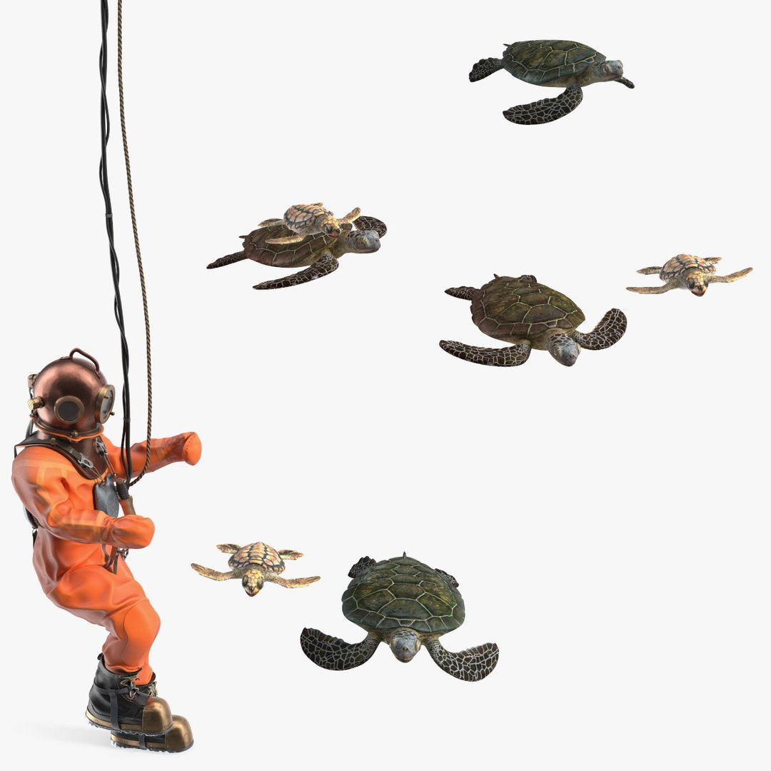 Vintage Deep Sea Diver Suit and Turtles 3D model preview