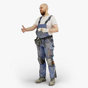 Bald Construction Worker Hand Shaking 3D