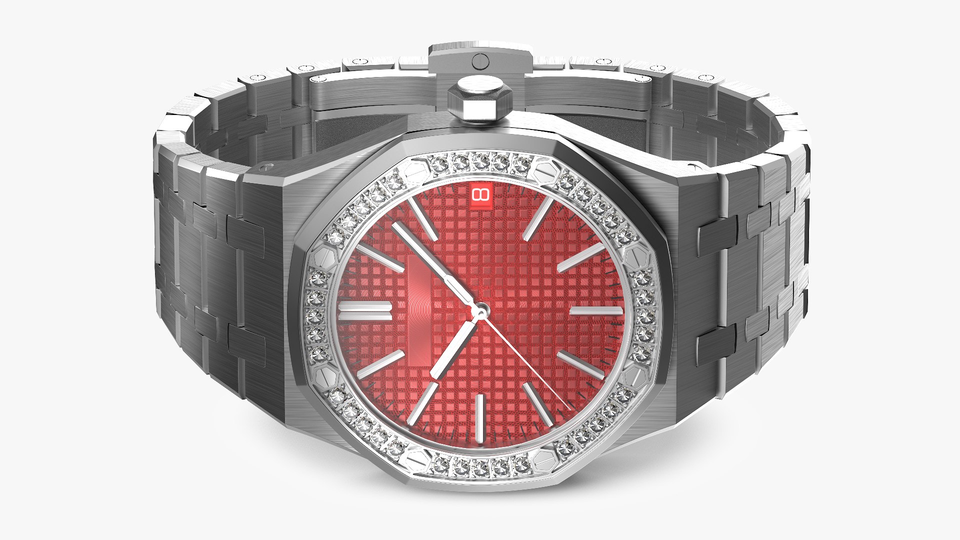 Luxury Royal Watch Red Stainless Steel Diamond-Set Chronograph 3D model preview